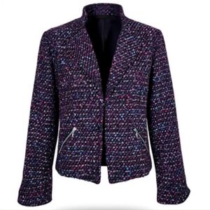 Chicos Tweed Blazer 1 M 8 Black Purple Silver Metallic Zip Pockets Slit Cuffs